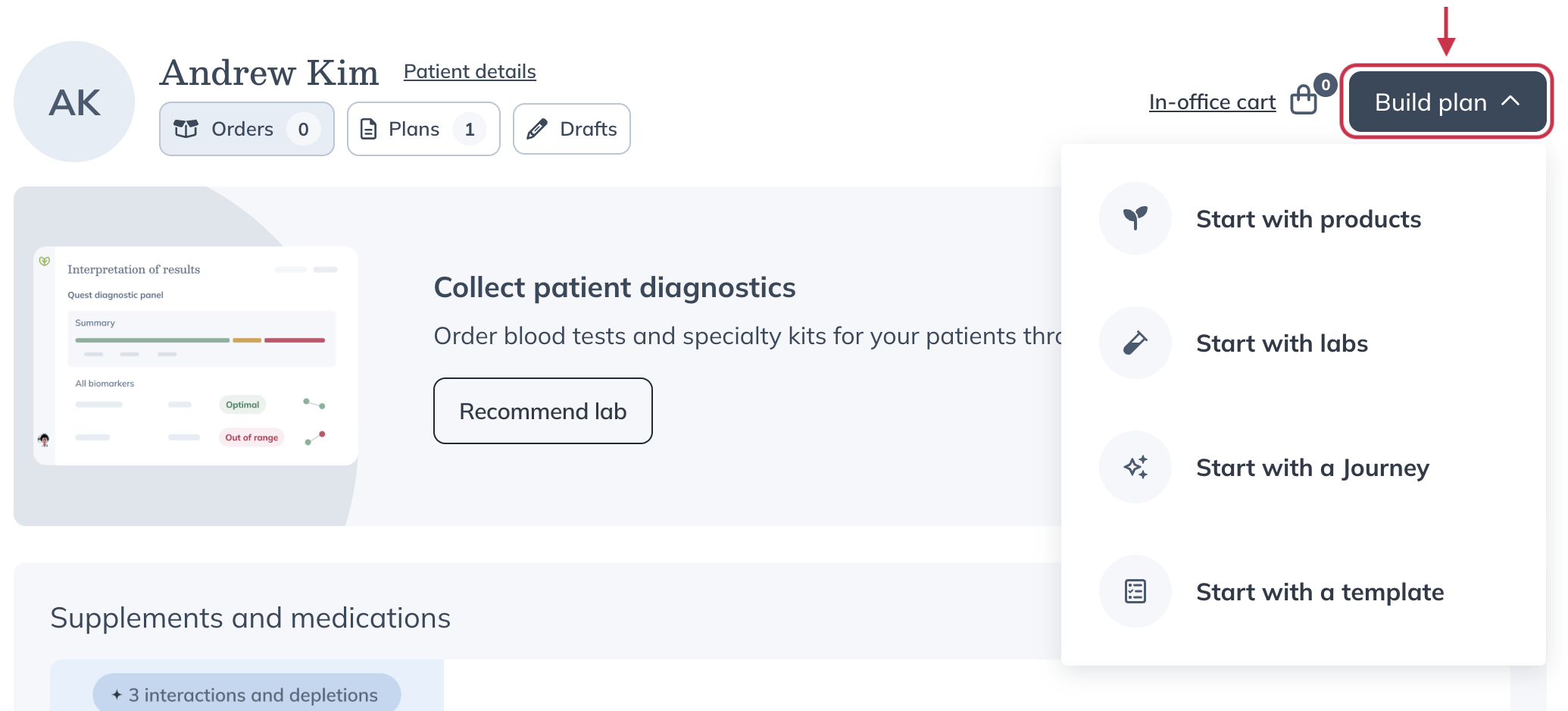 Patient profile with the Build plan button selected